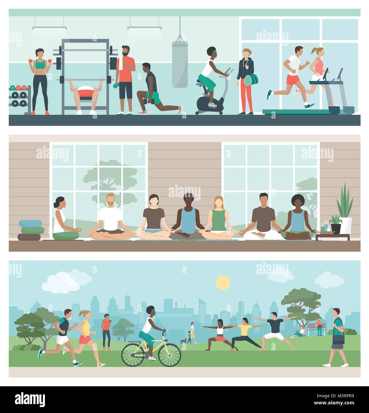 Des groupes multiethniques de personnes qui pratiquent le sport et la méditation : ils font de l'exercice dans la salle de sport, faire du yoga et de vous détendre dans le parc, le mode de vie sain Illustration de Vecteur