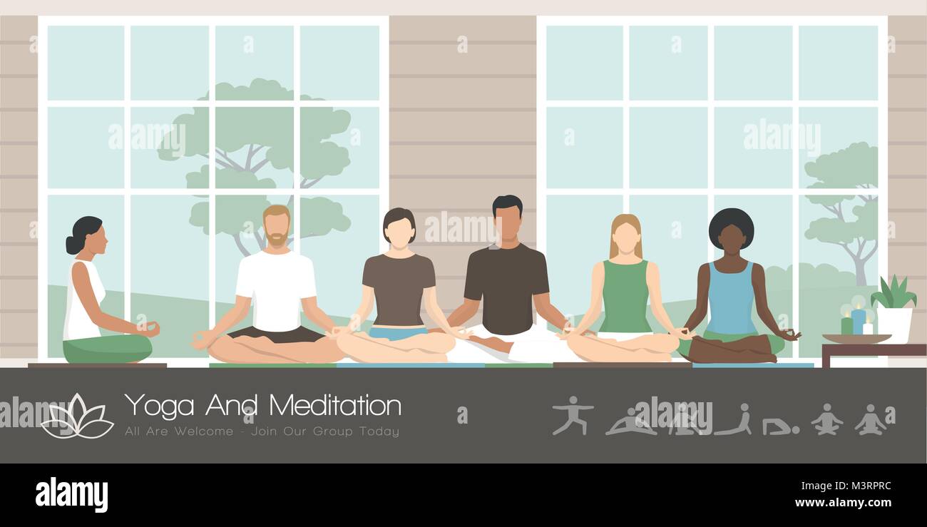 Groupe multiethnique de gens assis ensemble dans la position du lotus, ils pratiquent la méditation de pleine conscience et de yoga, un style de vie sain et spiritu Illustration de Vecteur