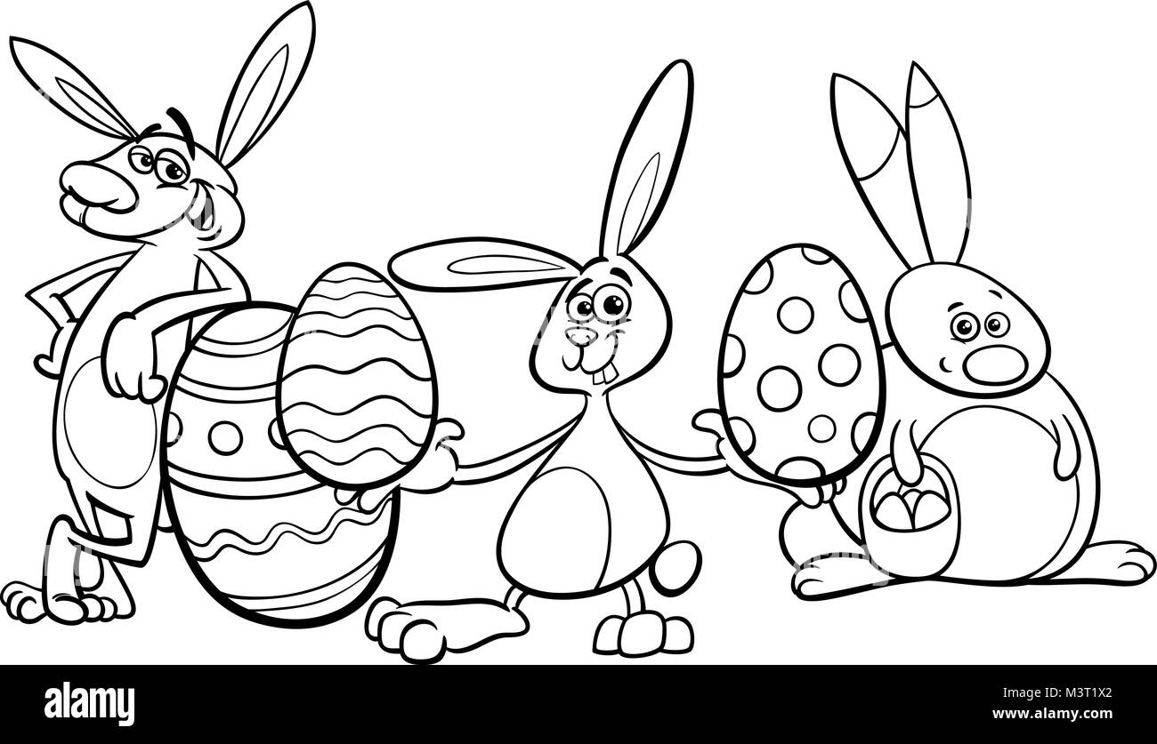 Cartoon noir et blanc Illustration de lapins de Pâques drôles de caractères avec les oeufs colorés Coloring Book Illustration de Vecteur