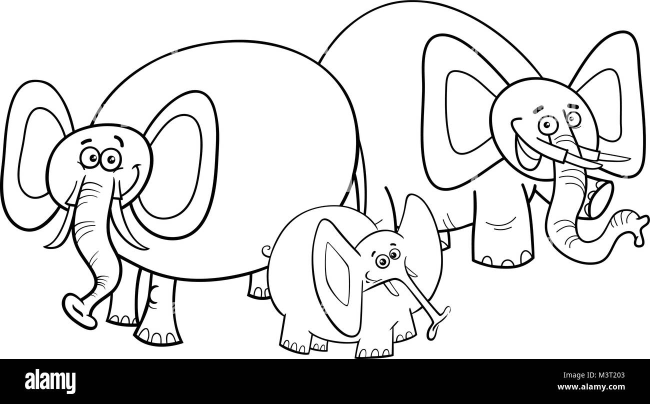 Cartoon noir et blanc Illustration of Cute Funny animal ou groupe d'éléphants des caractères de la famille Coloring Book Illustration de Vecteur