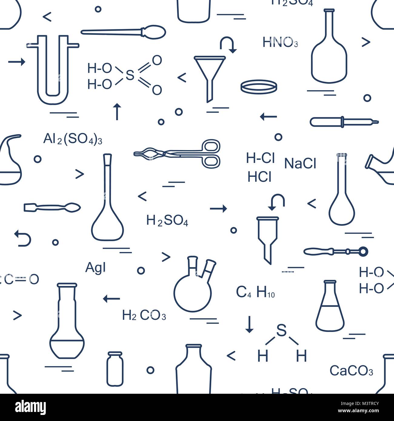 Avec des armes chimiques, biologiques, la science, l'éducation et de la recherche éléments : flacons, formules, bécher, entonnoir, tube en forme de U, pétri, compte-gouttes, Illustration de Vecteur