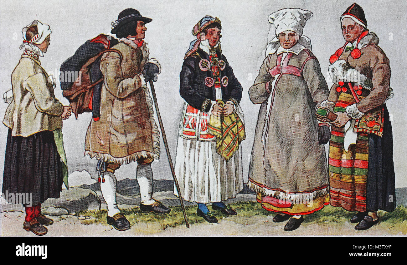 La mode, vêtements, costumes en Suède autour du 19e siècle, à partir de la  gauche, une femme de la Mora sur le lac Siljan, puis un colporteur de  Leksand, puis une femme