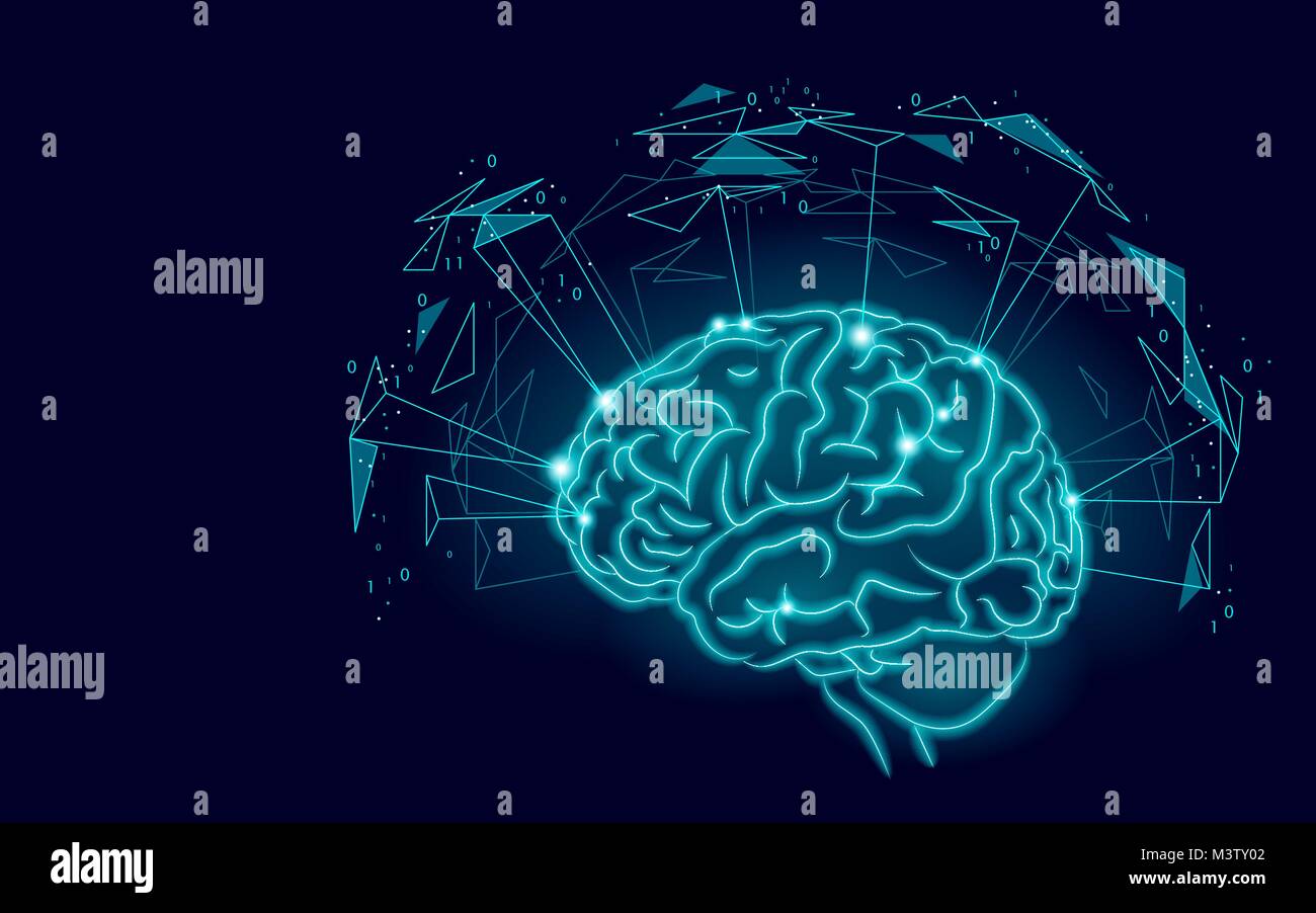 Cerveau humain active l'intelligence artificielle niveau suivant. l'homme menthal Basse technologie réalité augmentée design Poly bleu formes géométriques rougeoyant. Symbole de sagesse vector illustration Illustration de Vecteur