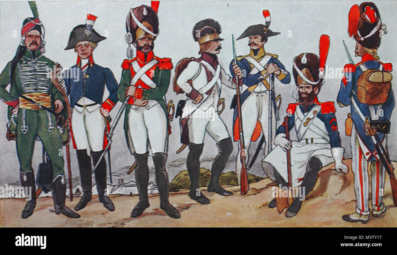 La mode, les vêtements, l'uniforme dans l'Europe, la France à partir de  1795-1815, de gauche, hussard de 1795, un officier de l'infanterie de ligne  à partir de 1806, un grenadier de la
