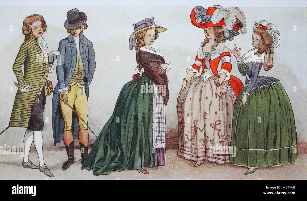 Vêtements de mode, en France, la fin des costumes rococo, de gauche, des  costumes à partir de mai 1786, puis un costume d'équitation à partir de  juillet 1786, puis le couvercle, à