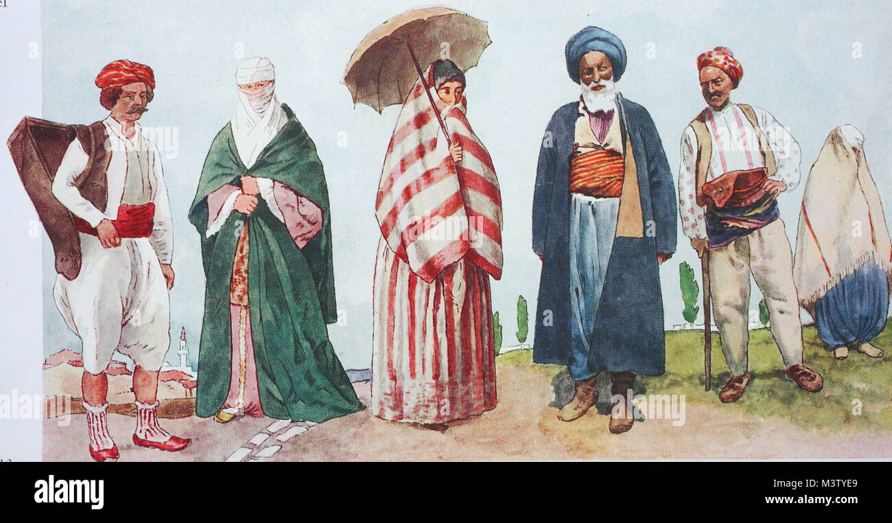 La mode, les vêtements, les costumes traditionnels en Turquie au 19ème  siècle, à partir de la gauche, porteur d'eau d'Istanbul en tenue d'été,  dame turque à Thessalonique dans Old street, robe femme