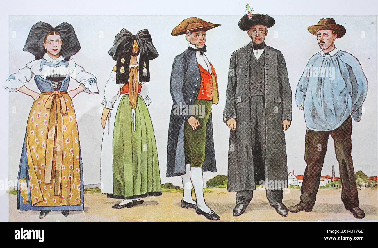 La mode les vetements les costumes traditionnels en France l Alsace autour du 19e siecle a partir de la gauche une femme en costume traditionnel de Truchtersheim proche de Strasbourg deux hommes du
