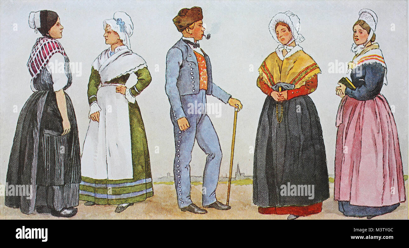 La mode, les vêtements, les costumes traditionnels en France,  l'Alsace-Lorraine autour du 19e siècle, à partir de la gauche, les filles à  partir de la Meuse, les femmes de Lorraine, les hommes