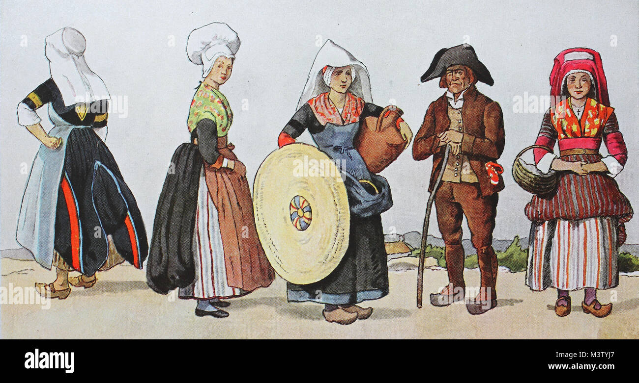 La mode, les vêtements, les costumes traditionnels en France, l'Auvergne  autour de 19e siècle, à partir de la gauche, une jeune fille de la région  de Riom, une fille de Saint Germain