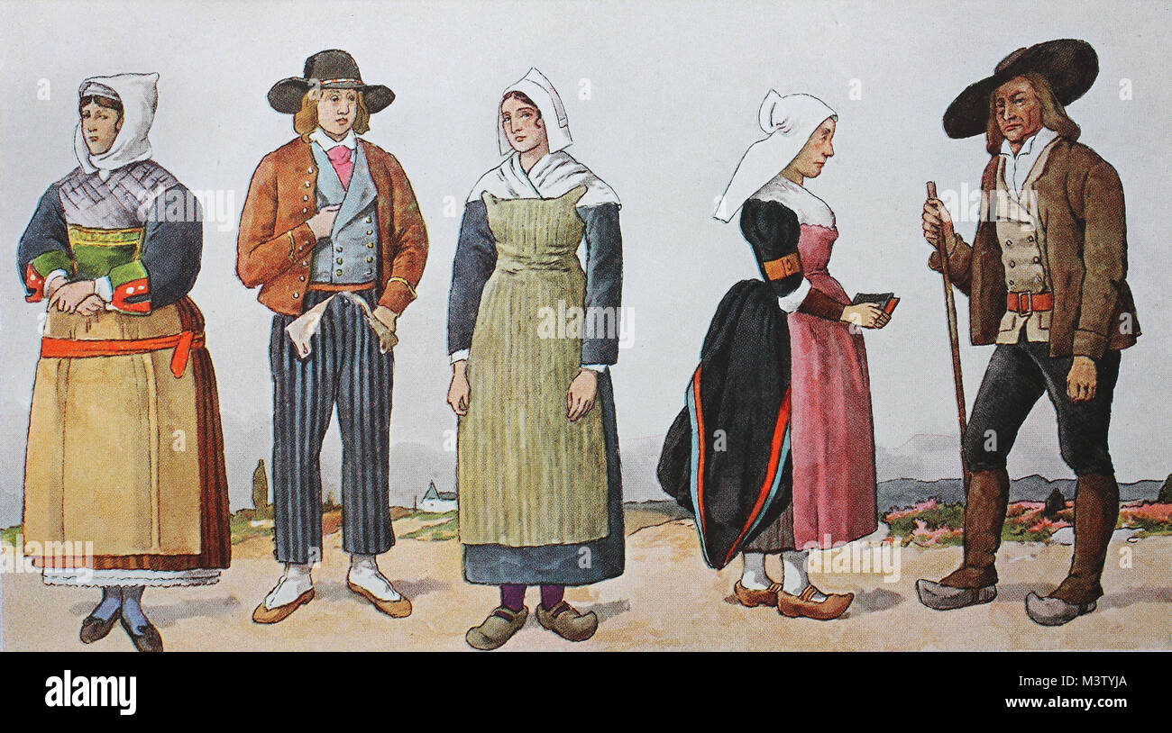 La mode, les vêtements, les costumes traditionnels en France, autour de la  19e siècle, à partir de la gauche, une femme de Saille près de Guérande,  Bretagne, un agriculteur de l'Yaradey près