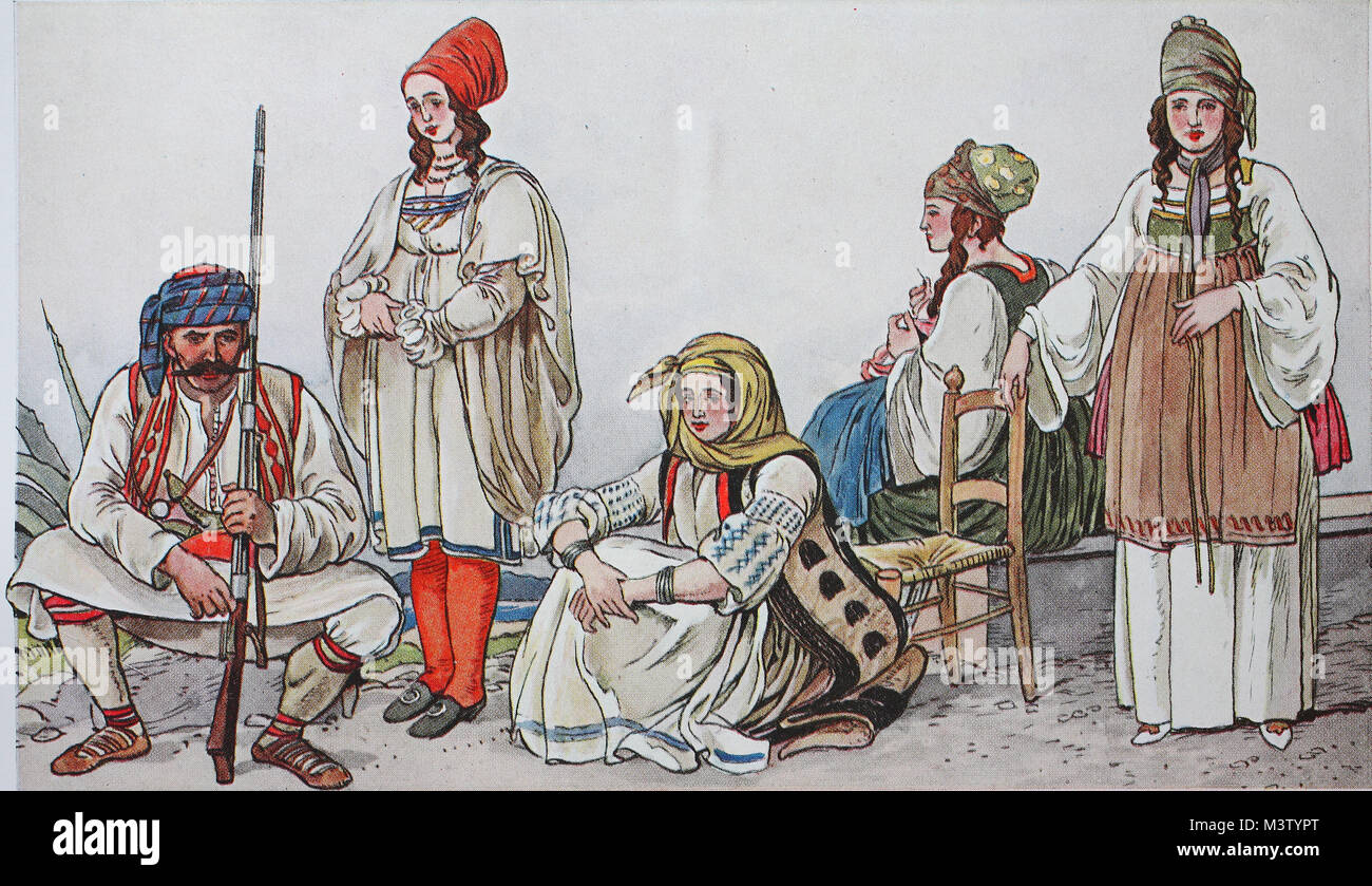 La mode, les vêtements, les costumes traditionnels en Grèce et l'Albanie vers 1800, à partir de la gauche, un Albanais, un grec de l'île de Mykone, une femme de la région d'Athènes, et deux femmes de l'île de Chios, l'amélioration numérique reproduction à partir d'un original de l'année 1900 Banque D'Images