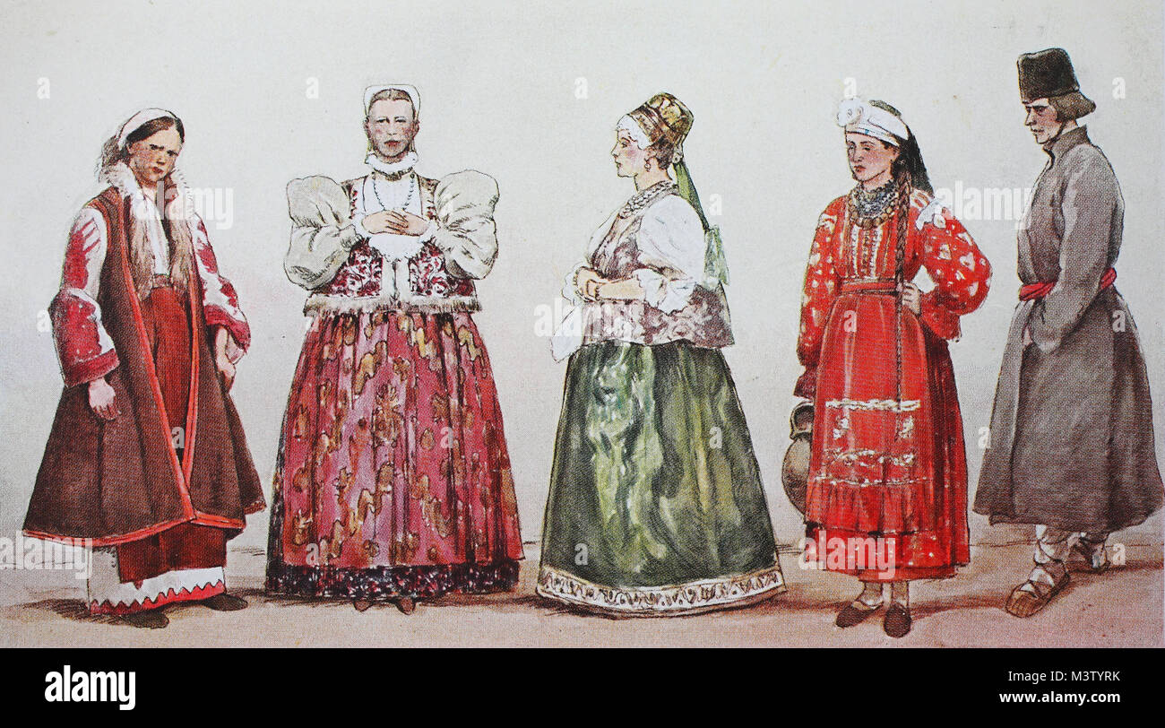 La mode, les vêtements, les costumes traditionnels en Russie européenne, plus de Russes, de la gauche, une plus grande femme russe, une femme de Nizhny Novgorod et une femme d'Arkhangelsk et une femme d'Orel et le biélorusse, une amélioration numérique reproduction à partir d'un original de l'année 1900 Banque D'Images