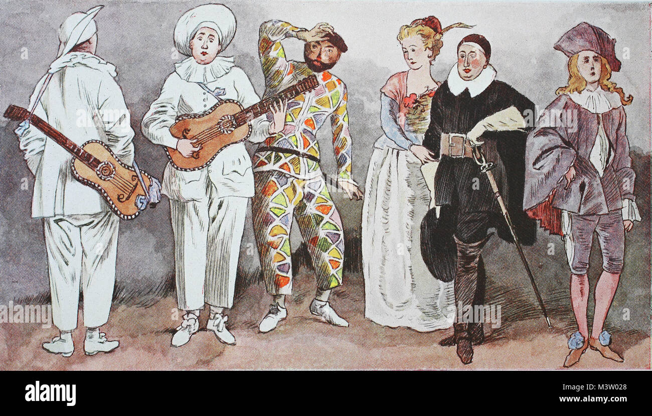 La mode, les vêtements, les costumes en France, autour de 1715, les chiffres d'un compagnon d'armes, Commedia dell Arte, à partir de la gauche, les vêtements du Pullicinello, Pulcinella ou Polichinelle, Arlequin, puis la Dame de Crispin, Crispin ou Crispino et l'indifférent, l'amélioration numérique reproduction à partir d'un original de l'année 1900 Banque D'Images
