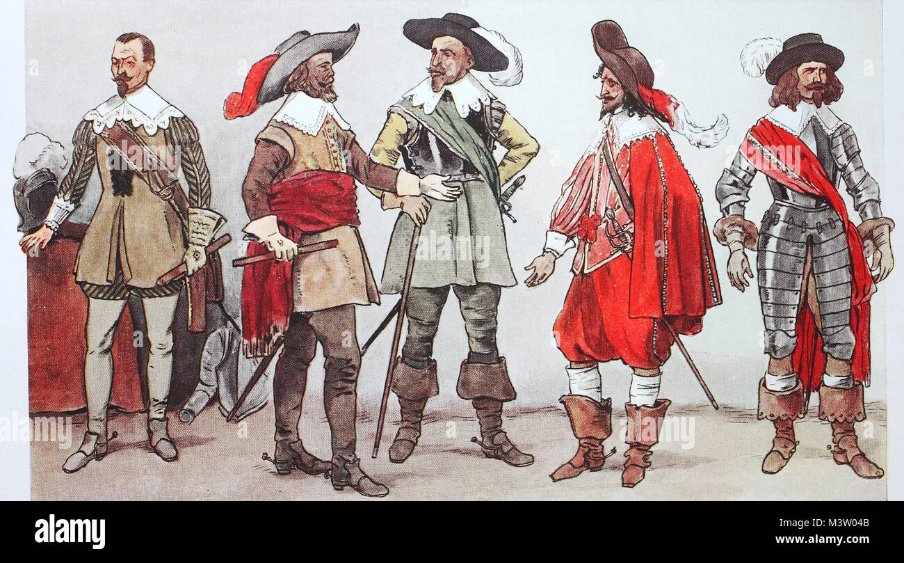 La mode, les vêtements dans l'Europe, guerre de costumes à la guerre de Trente ans autour de 1630-1635, deuxième à gauche, l'électeur Johann Georg I de Saxe, 1631, puis roi de Suède Gustav Adolf en costume de champ, puis officier en 1635 et officier supérieur de 1632, l'amélioration numérique reproduction à partir d'un original de l'année 1900 Banque D'Images