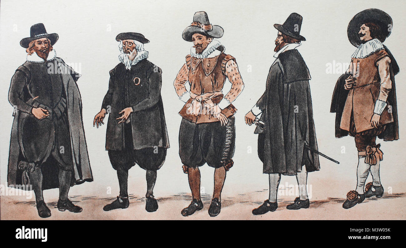 La mode, les vêtements dans l'Allemagne, circa 1625-1635 costumes civique, à partir de la gauche, le marchand de Nuremberg, puis un juif, un citoyen de l'Allemagne du Sud, puis un homme d'une position légitime pour porter l'épée, pour 1625 et un représentant de l'article supérieur de Cologne, autour de 1630-1635, l'amélioration numérique reproduction à partir d'un original de l'année 1900 Banque D'Images