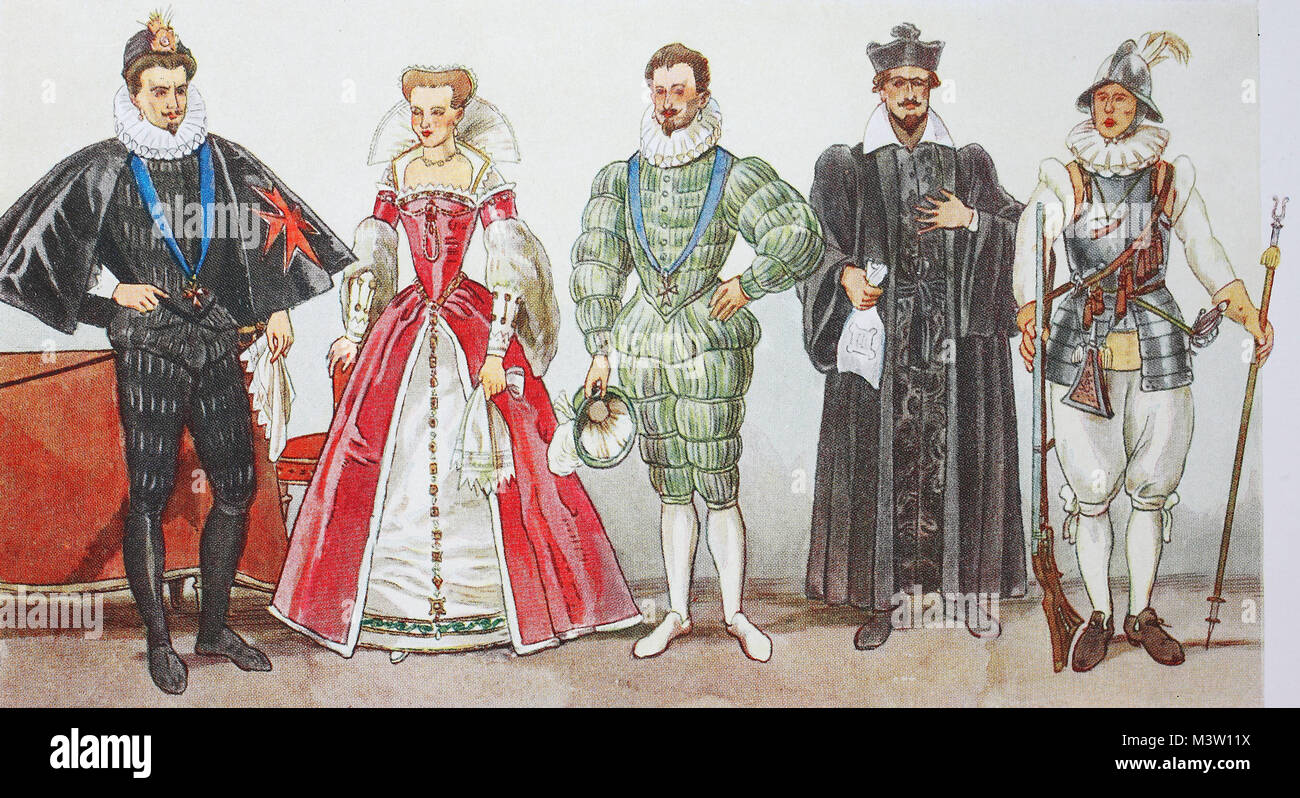 La mode, costumes, vêtements en France à l'époque de la mode espagnole et Henry III. 1575-1590, de gauche, le roi Henri III en costume de l'ordre de l'Esprit Saint, son épouse la reine Louise, un noble à la cour, un avocat de beret avec pompon et un mousquetaire Huguenot, amélioration numérique reproduction à partir d'un original de l'année 1900 Banque D'Images