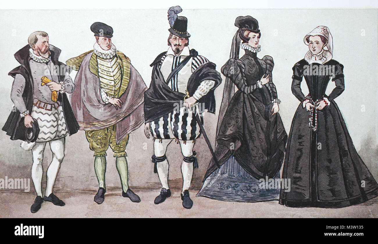 L'habillement, la mode en France à l'époque de la Renaissance autour de  1500-1575, de la mode espagnole, française, la société huppée de gauche,  deux citoyens français, un noble, et une dame et