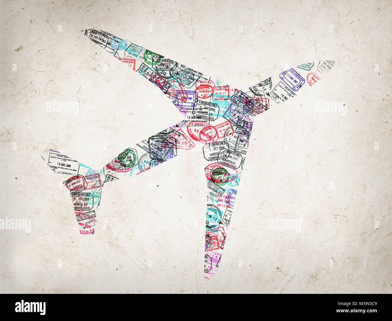 Silhouette d'un avion créé avec timbres de passeport sur fond texturé, travel concept Banque D'Images