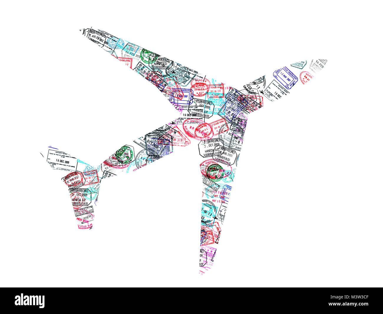 Silhouette d'un avion créé avec passport stamps sur fond blanc, travel concept Banque D'Images