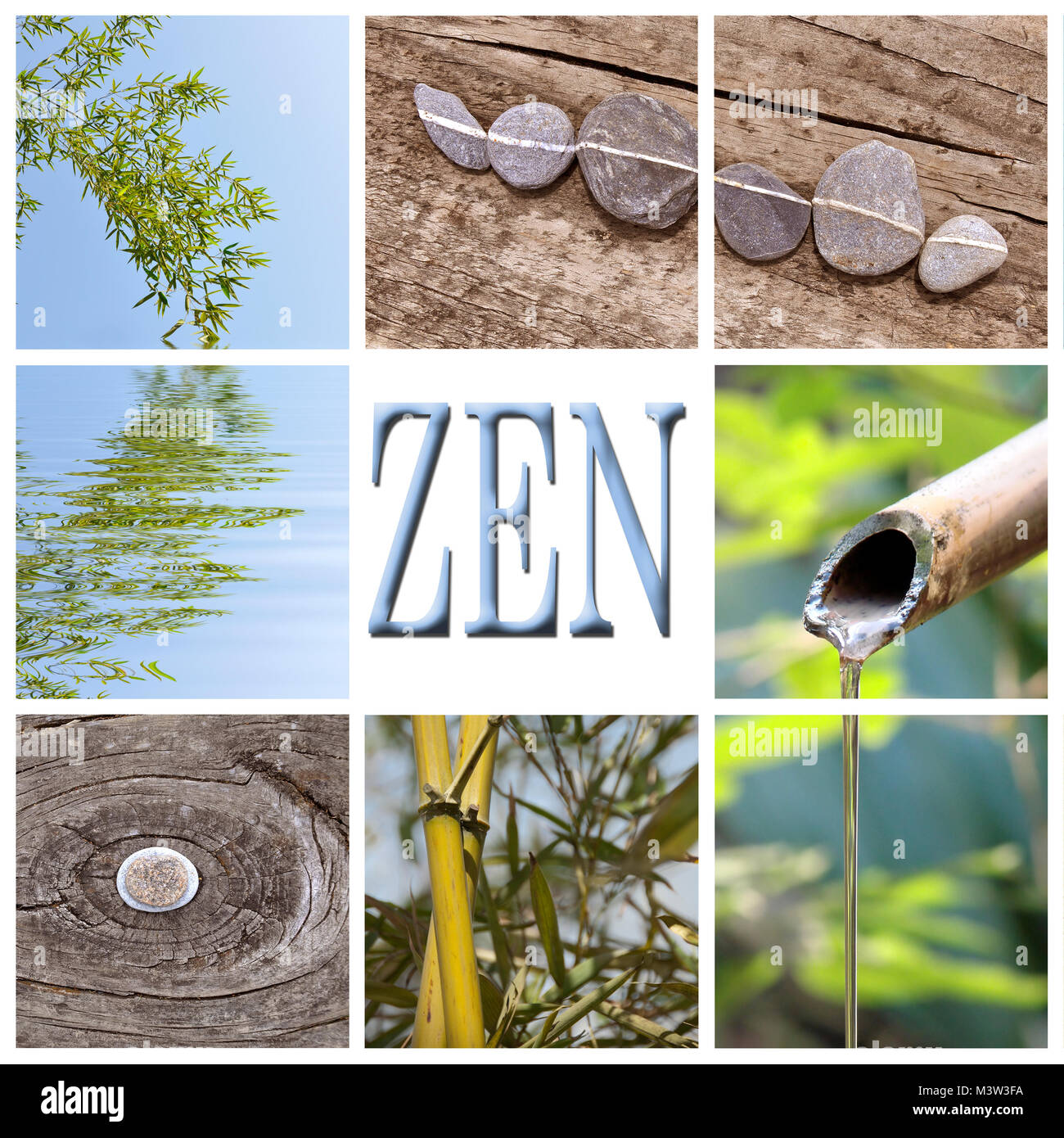 Mot zen, bambou et pierres square collage Banque D'Images