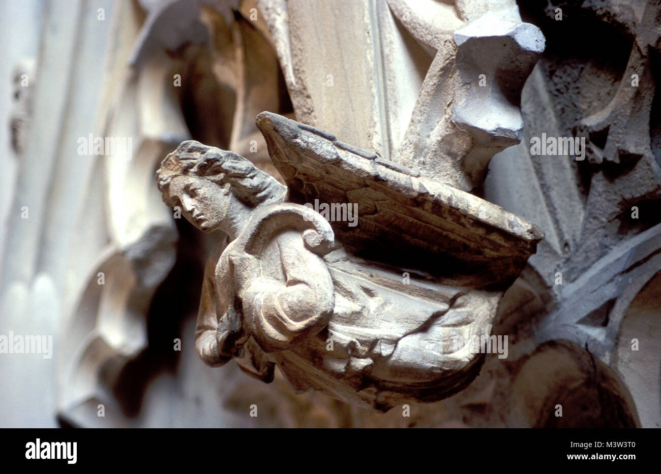 Ange sculpté au-dessus de la tombe de l'Évêque Jean Trefnant dans le transept sud de la cathédrale de Hereford, Angleterre Banque D'Images