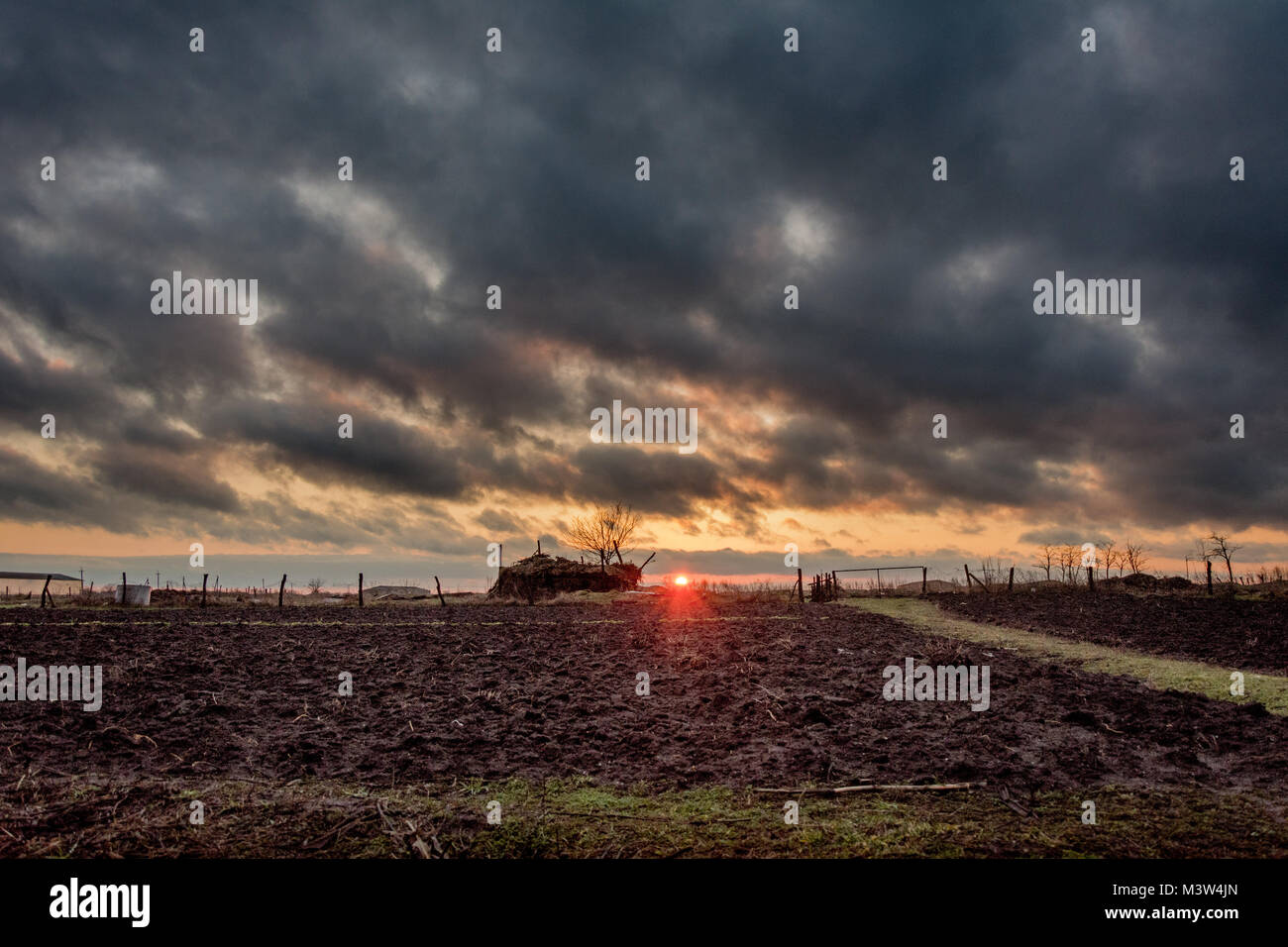 Un coucher de soleil sur le champ de mars en Ukraine. Gloomy post-traitement. Banque D'Images
