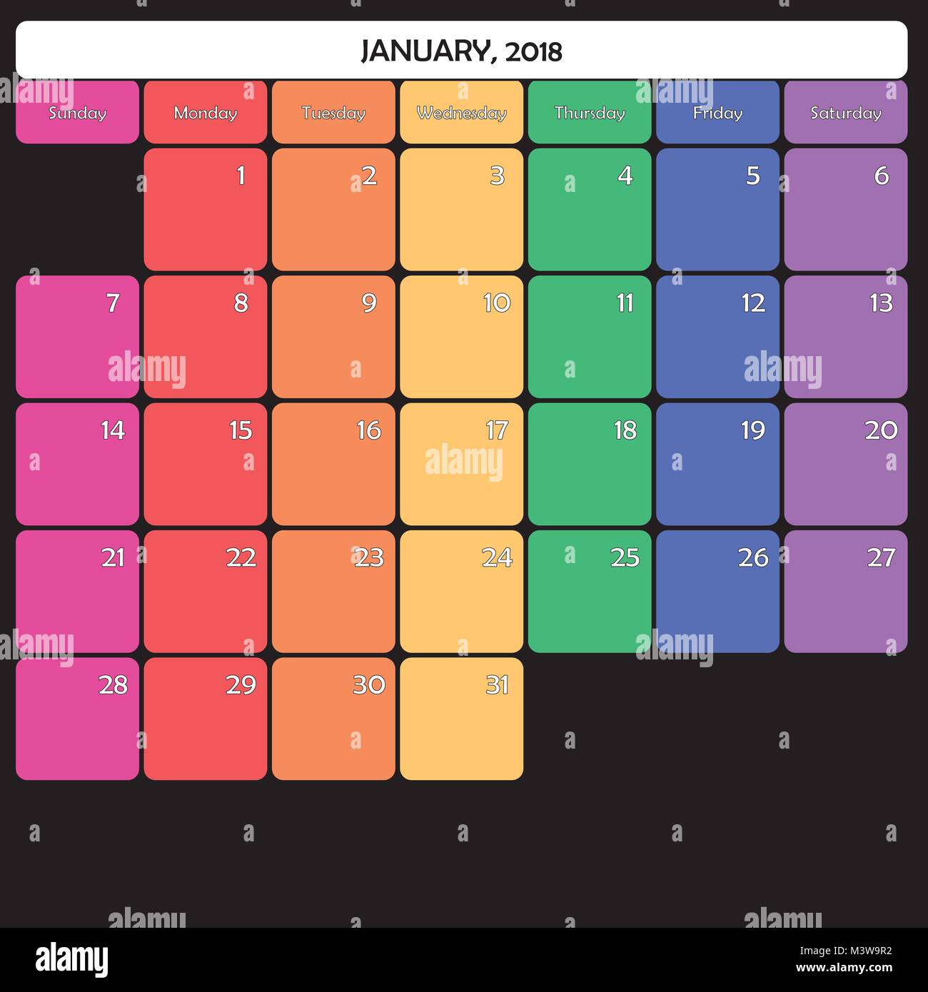 Janvier 2018 Calendrier Agenda grand espace jour couleur modifiable Illustration de Vecteur