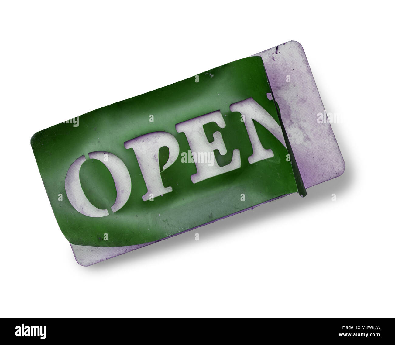 Endommagé signe avec texte ouvert, isolé sur fond blanc. De bord ouvert. Banque D'Images