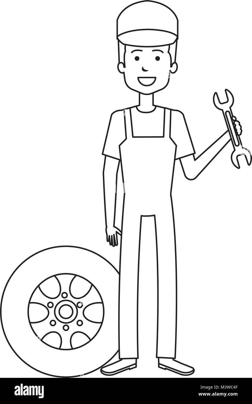 Pneus et mécanique ouvrier avec caractère avatar clé Illustration de Vecteur