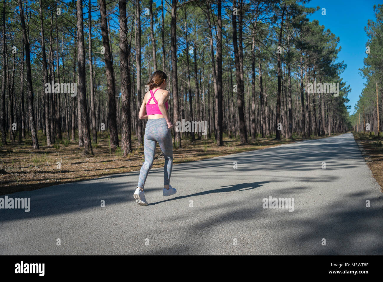 Woman runner, le long d'une longue route droite à travers une forêt Banque D'Images