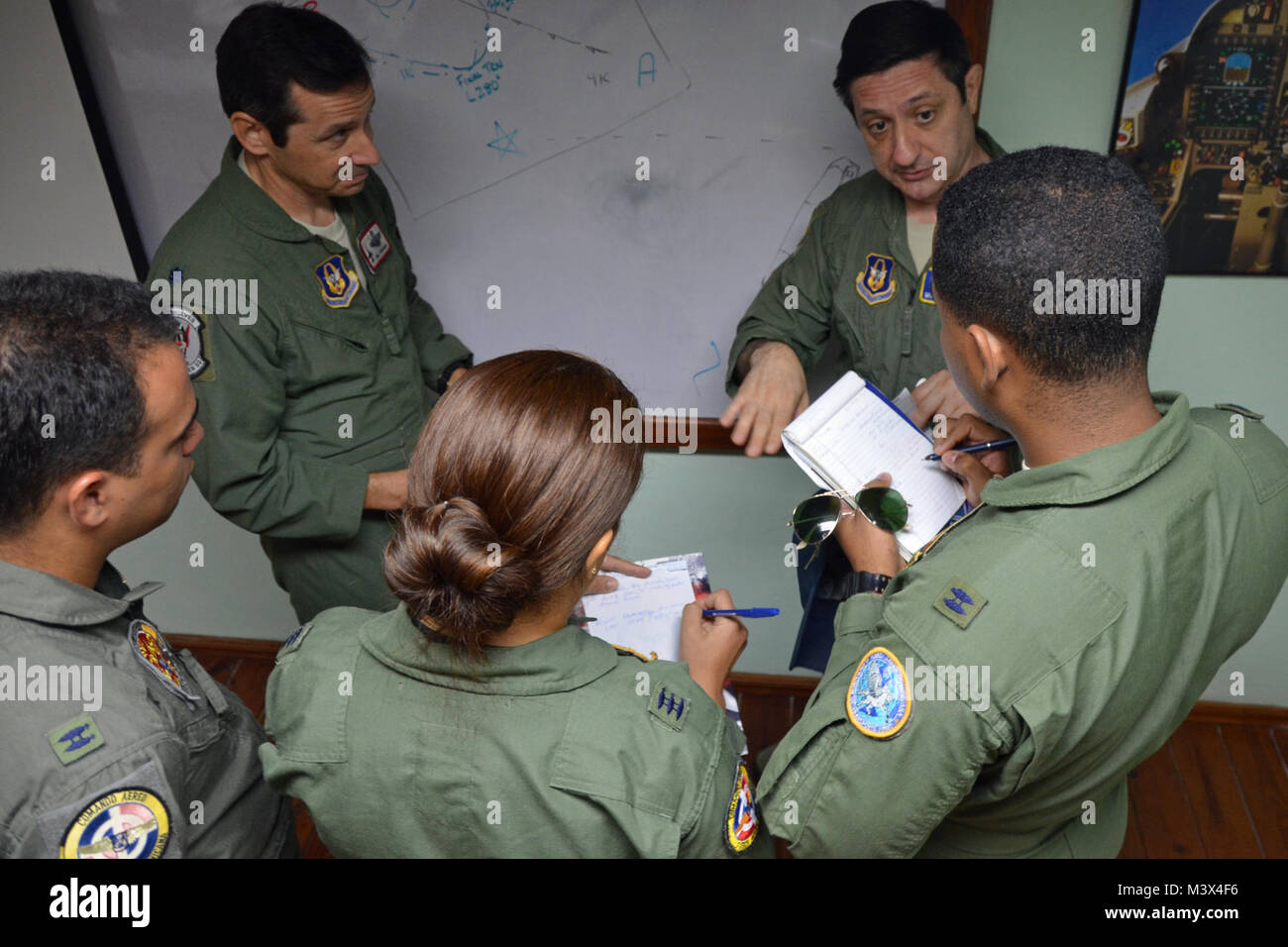 Le colonel Mike Torrealday et le lieutenant-colonel Eric Perlman, U.S. Air Force F-16 des pilotes-instructeurs, menez une discussion sur l'air-air à intercepter des tactiques avec les aviateurs de la République dominicaine dans le cadre d'un exercice pour lutter contre le trafic illicite de drogues le 3 décembre 2013. L'exercice fait partie de l'espace aérien souverain, une initiative entre les États-Unis, le Colombien, et République dominicaine air forces pour partager les meilleures pratiques sur les procédures visant à détecter, suivre et d'intercepter les drogues illicites se déplace vers le nord de l'Amérique du Sud. (U.S. Air Force photo : Capt Justin Brockhoff/libérés) 131202-F-FE312-498 par ussouthcom Banque D'Images