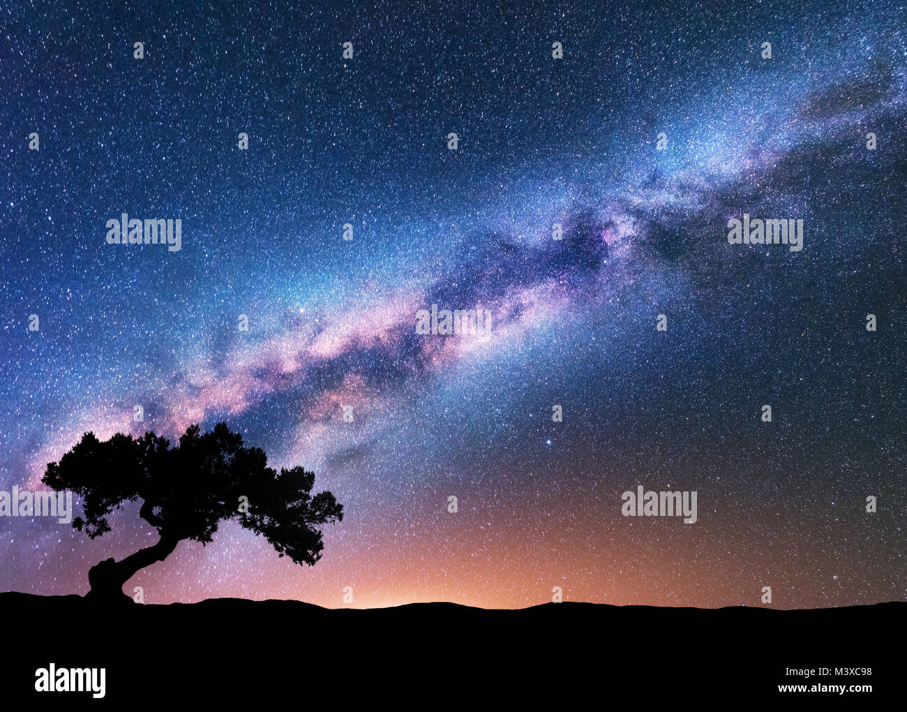 Voie Lactée avec crooked tree vieux seul sur la colline. Paysage de nuit avec des voie lactée, ciel étoilé, arbre, lumière jaune en été. Bac d'espace Banque D'Images