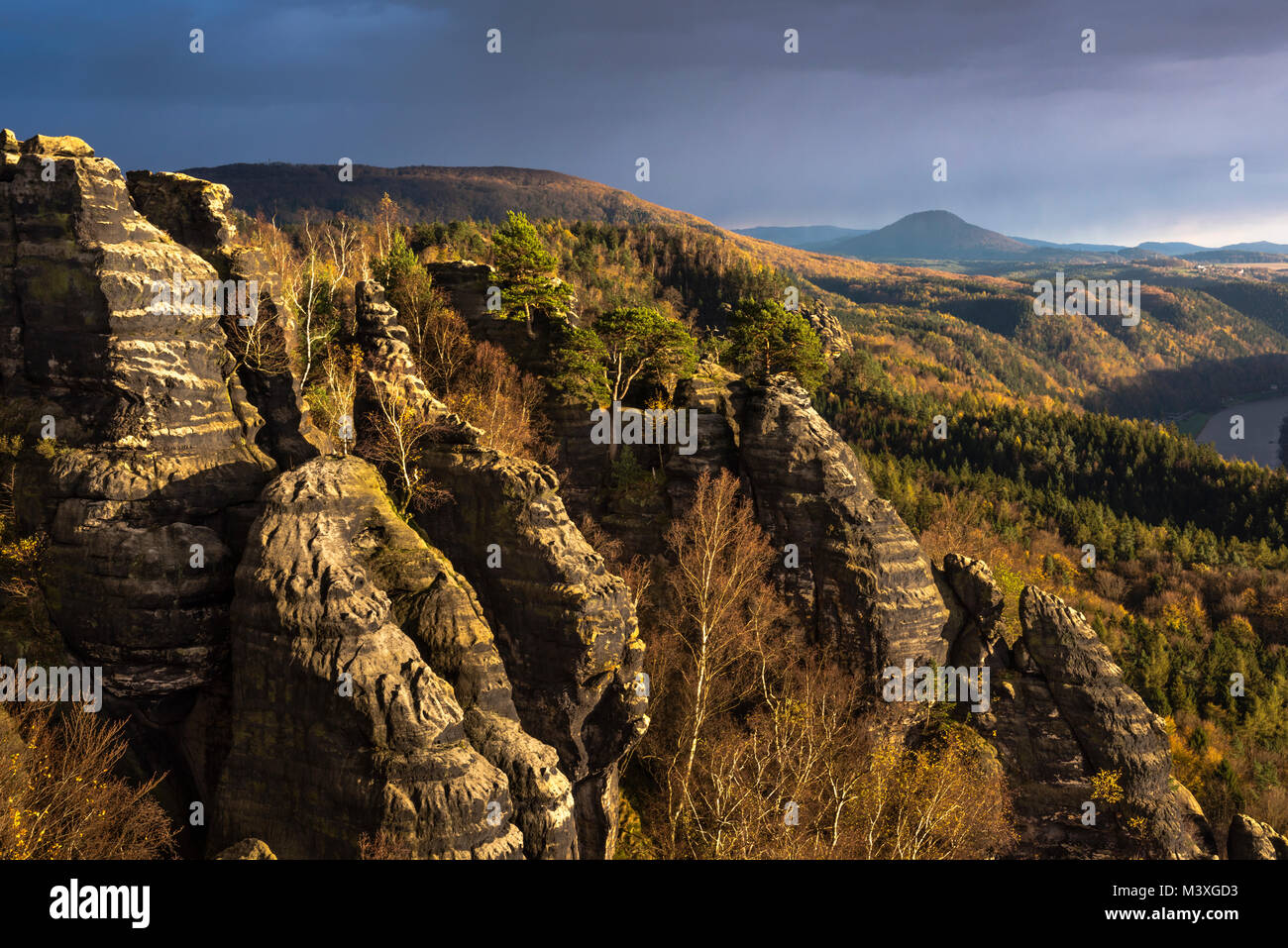 Les roches de la Schrammsteine dans le Parc National de la Suisse saxonne - Montagnes de Grès de l'Elbe près de Bad Schandau dans chaude soirée light, Saxe, Allemagne Banque D'Images