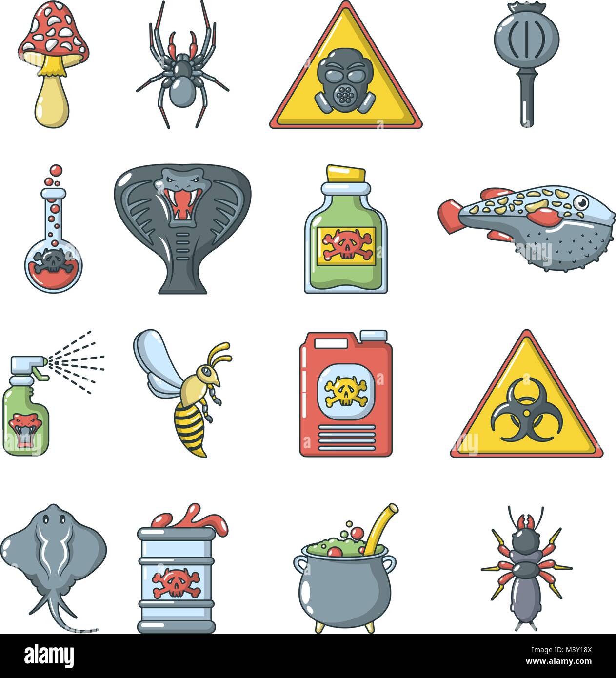 Danger Toxique Poison icons set, cartoon style Illustration de Vecteur