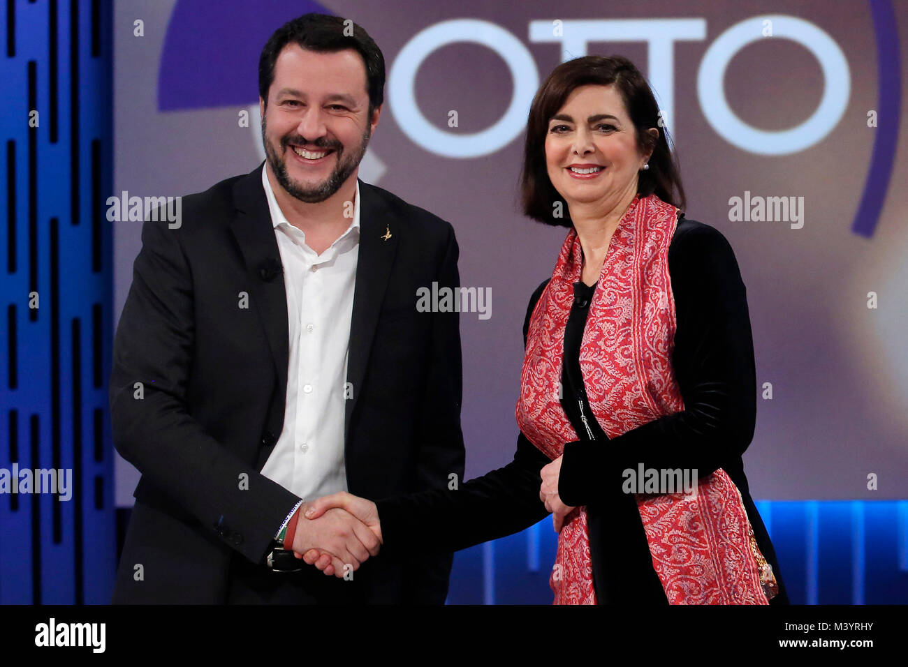 Rome, Italie. 13 février 2018.Matteo Salvini e Laura Boldrini Roma 13/02/2018. Trasmissione plat 'Otto e Mezzo' Rome 13 février 2018. Talk show 'Otto e Mezzo' Foto Samantha Zucchi Insidefoto insidefoto Crédit : srl/Alamy Live News Banque D'Images