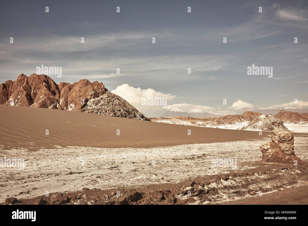 La Luna del Valley (vallée de la Lune) Chili panorama paysage avec des formations rocheuses et un ciel clair au-dessus. Banque D'Images