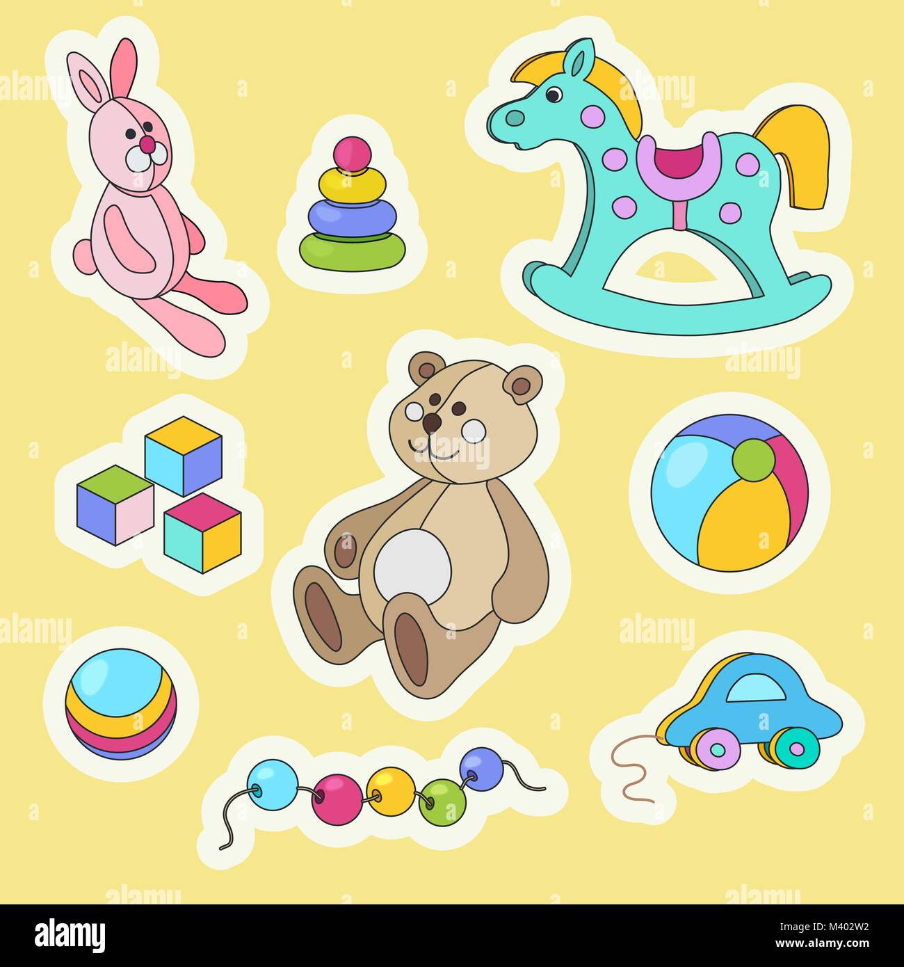 Jouets pour enfants cartoon style vector set autocollant coloré. Illustration de Vecteur