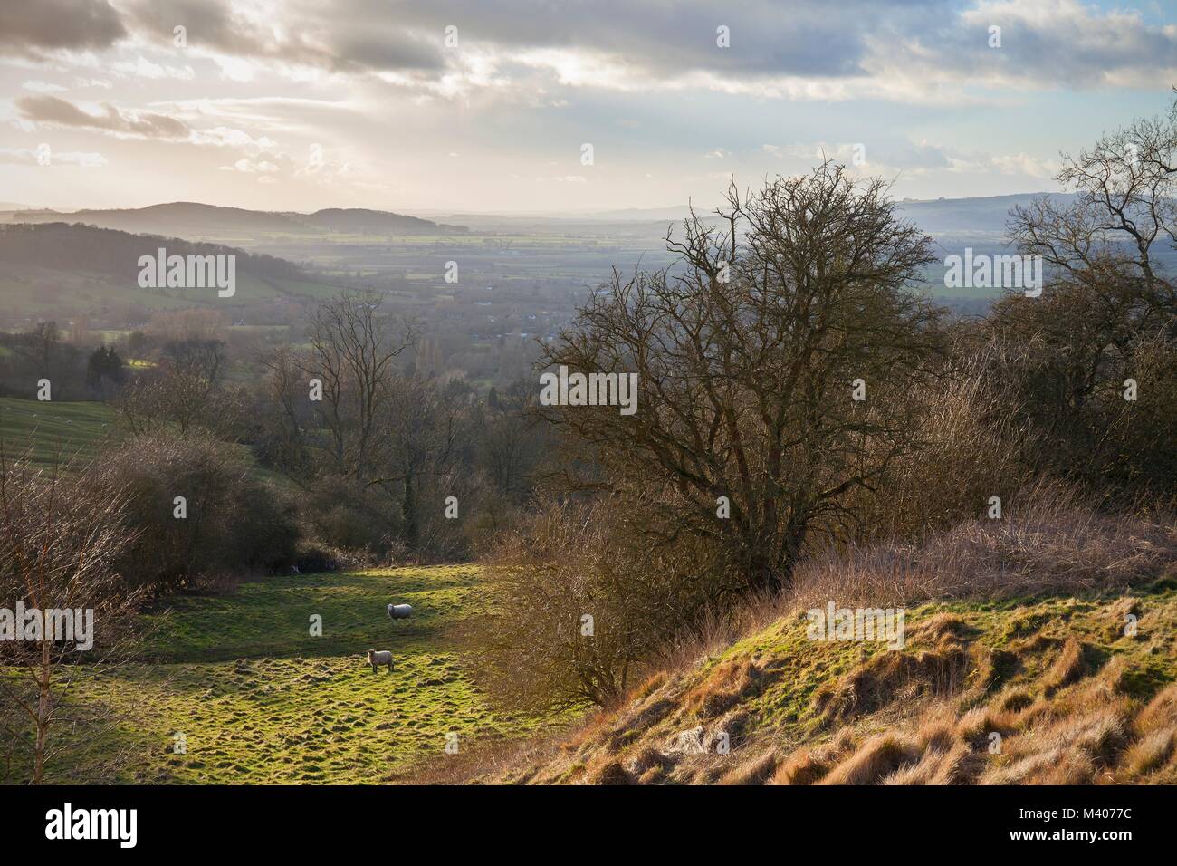 En regardant vers Bredon Hill et les collines de Malvern sur Broadway, Cotswolds, en Angleterre. Banque D'Images