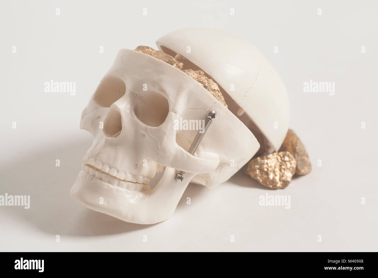 Les pépites d'or dans la région de skull head sur fond blanc Banque D'Images