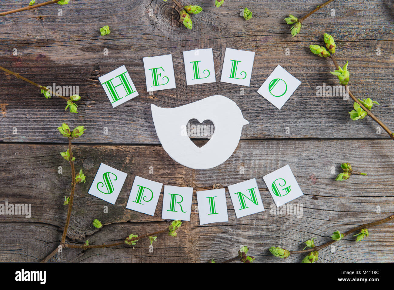 Vue supérieure de la composition de Bonjour printemps lettrage, branches avec de jeunes pousses de verdure et de l'artisanat figure d'oiseaux avec en forme de coeur sur rust Banque D'Images