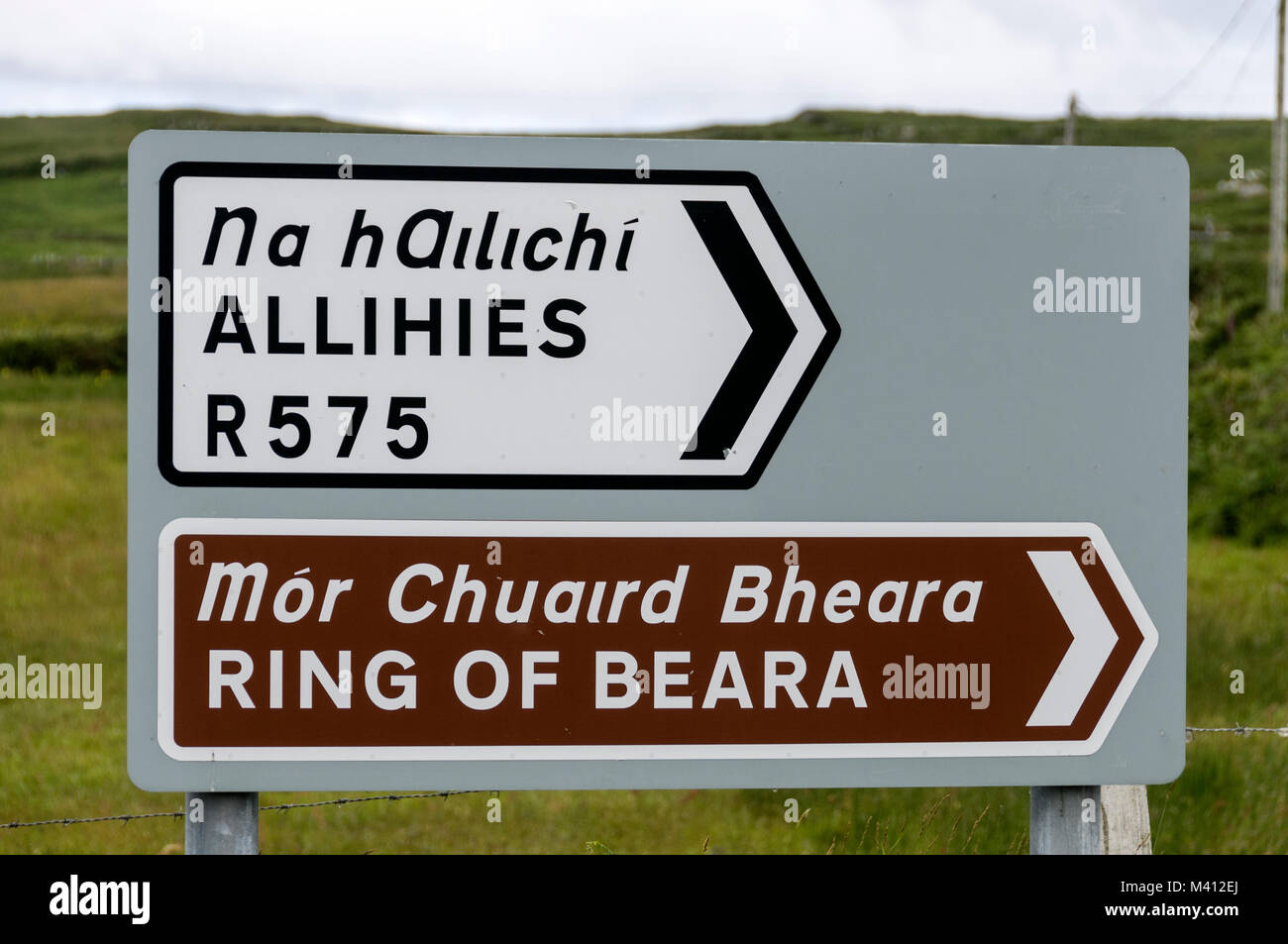 Panneau routier en anglais et irlandais, en pointant sur anneau de Beara et alliés dans la péninsule de Beara, l'Irlande du Sud Banque D'Images