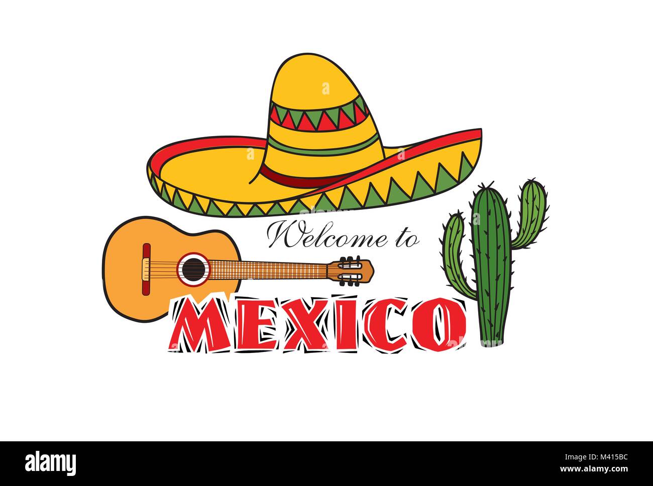 L'icône mexicaine. Bienvenue au Mexique signe. Billet d'inscription avec cactus et sombrero hat Illustration de Vecteur