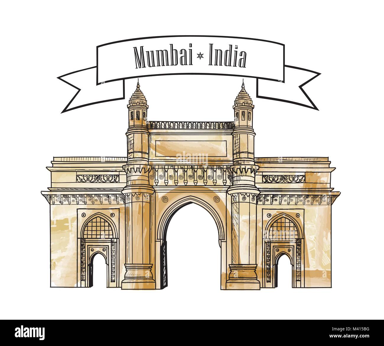 La ville de Mumbai, Inde l'icône gate way. Célèbre monument indien Maharashtra dessiné à la main. Billet Inde Généralités Illustration de Vecteur