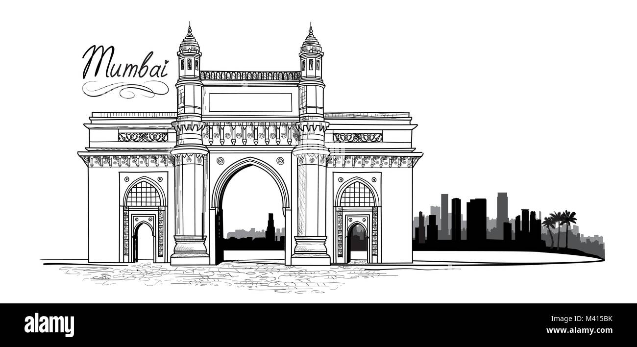 La ville de Mumbai avec vue sur la célèbre, l'Inde. De l'océan urbain avec des bâtiments gratte-ciel skyline silhouette. Asie Voyage background Illustration de Vecteur