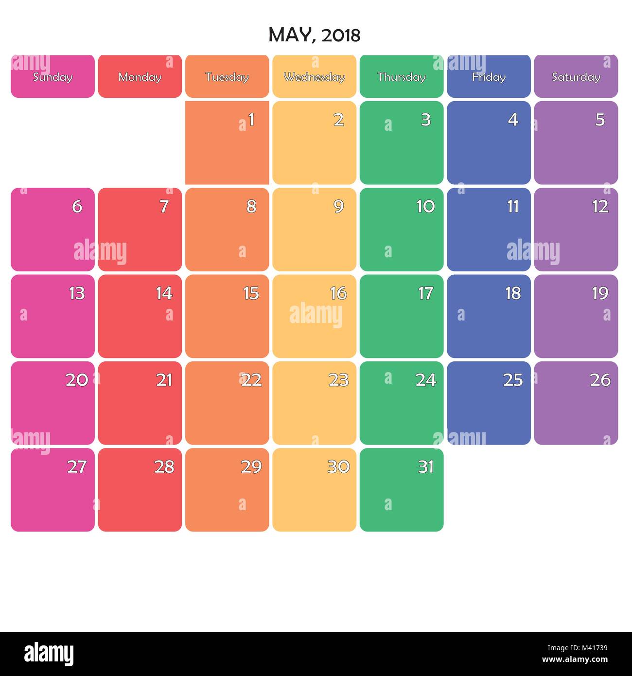 Mai 2018 Calendrier Planificateur big note modifiable couleur jour spécifique de l'espace sur fond blanc Illustration de Vecteur