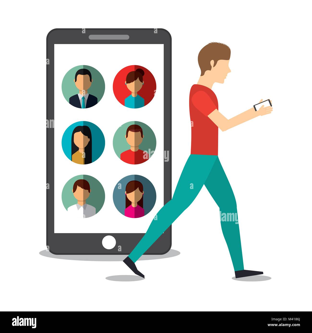 Jeune homme marchant avec le mobile dans les mains et les gens du smartphone Illustration de Vecteur