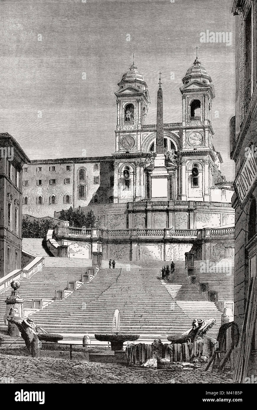 La place d'Espagne, Trinité-des-Monts en haut de l'église, Rome, Italie, 19e siècle Banque D'Images