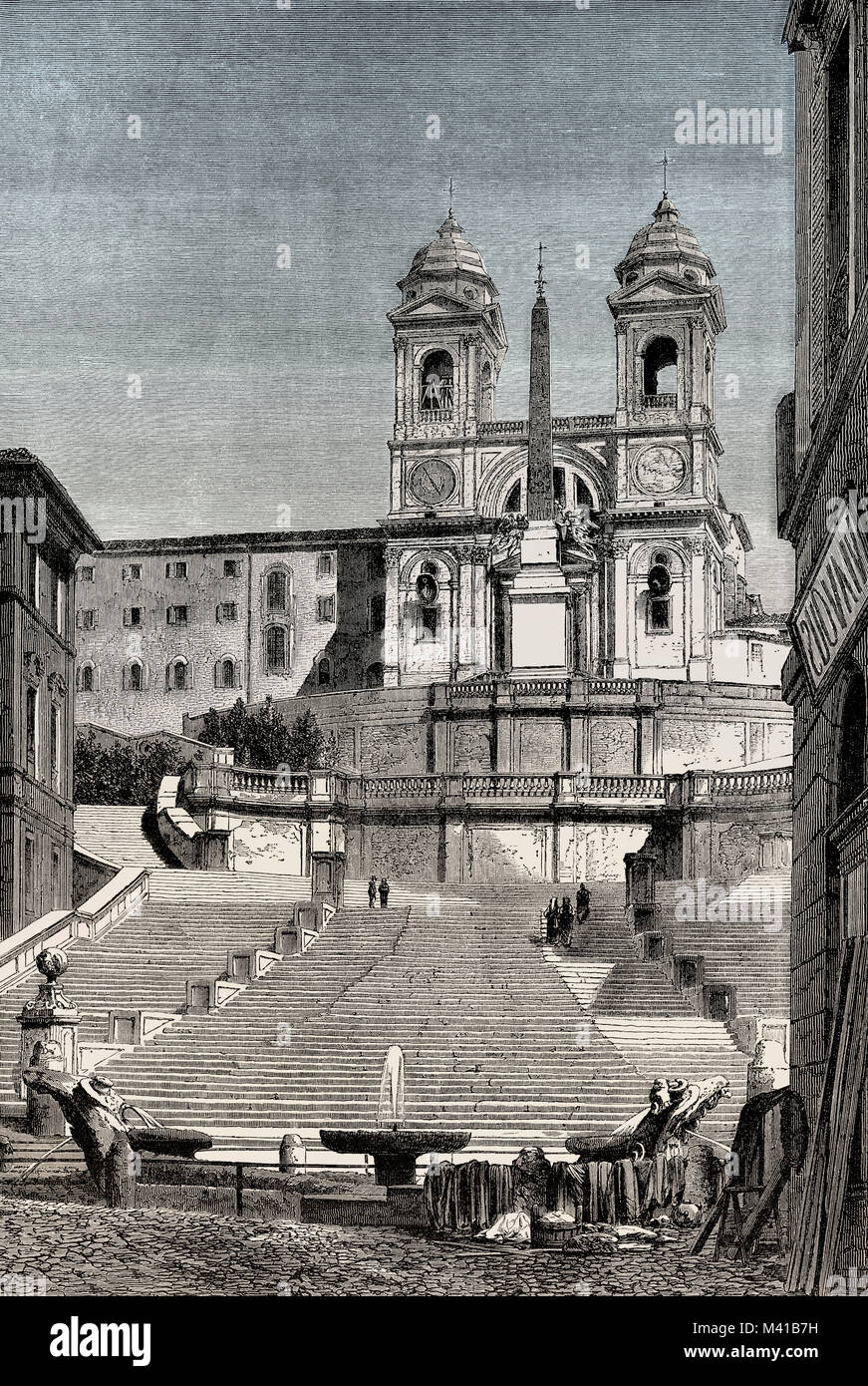 La place d'Espagne, Trinité-des-Monts en haut de l'église, Rome, Italie, 19e siècle Banque D'Images
