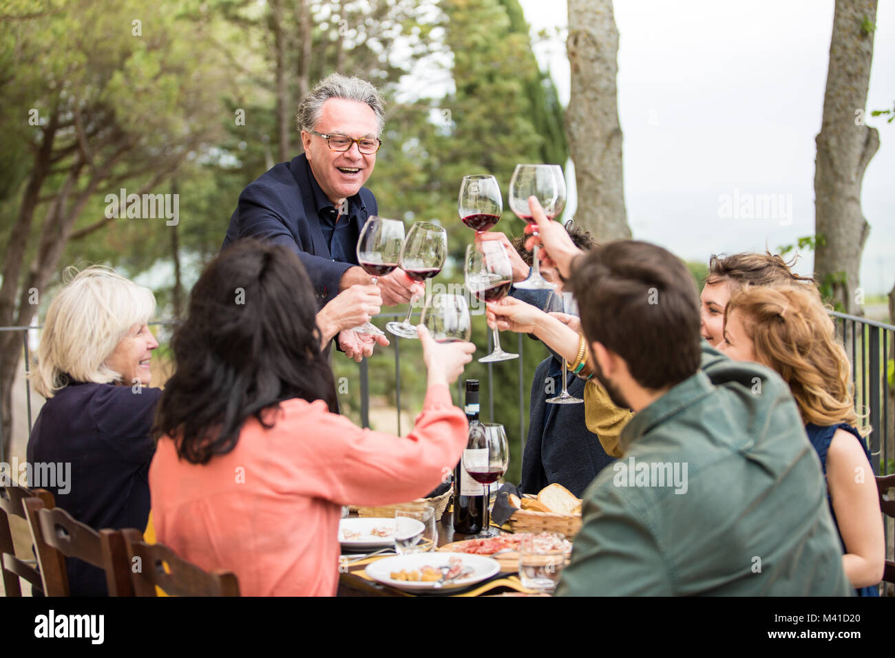 Family eating alfresco, clinking glasses Banque D'Images