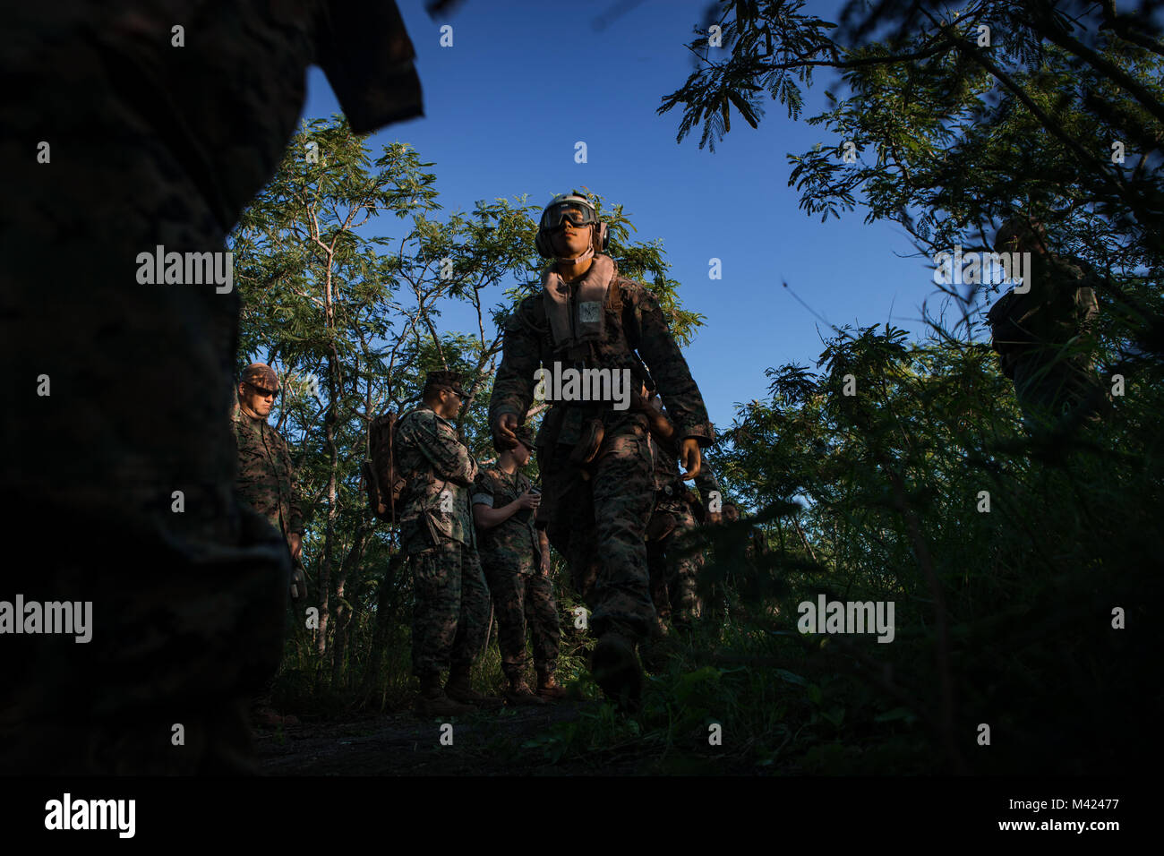 Les Marines américains affectés à la classe 3-18 de l'aéronef maritime Groupe 24 cours de caporal, se préparer à voler de Ulupa'u Crater retour à la Marine Corps Air Station, la baie de Kaneohe, après avoir obtenu leur diplôme au sommet du cratère, le 9 février 2018. L'obtention du diplôme a débuté après une randonnée à travers le cratère. (U.S. Marine Corps Photo par le Sgt. Aaron S. Patterson) Banque D'Images